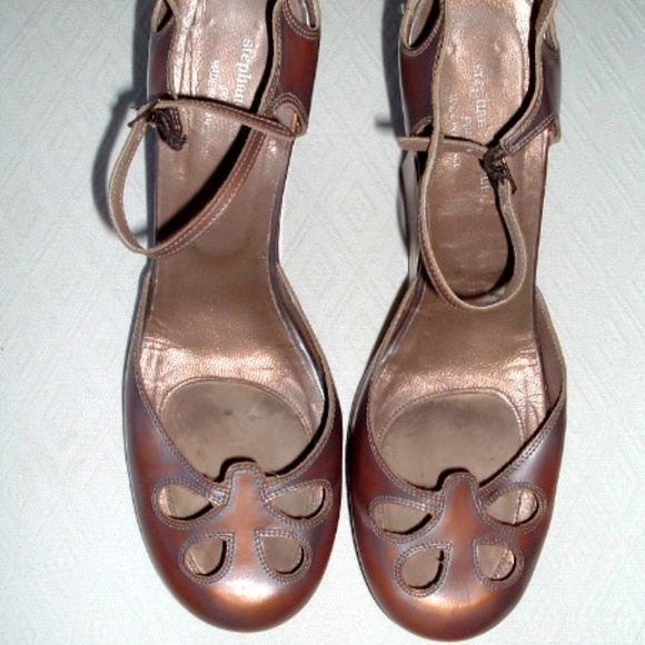 STEPHANE KELIAN Paris COPPER Brown high WEDGE HEELS antiqued leather Vintage 8 - Picture 1 of 7